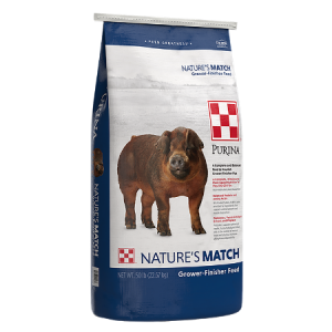 Dark blue and white 50-lb feed bag. Brown pig. Purina Nature's Match Grower-Finisher Pig Feed