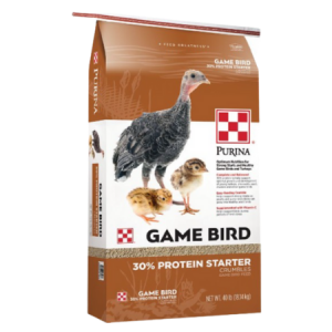 Tan and white poultry feed bag. Purina Game Bird 30% Starter Feed.