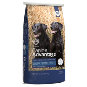 Exclusive Canine Advantage Formula Dog Food. Blue feed bag.