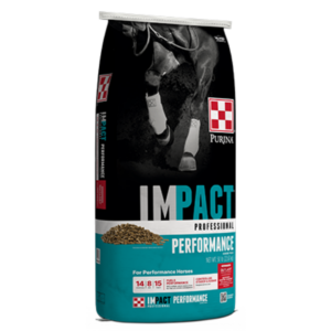 blue bag of Purina Impact Professional Performance Horse Feed