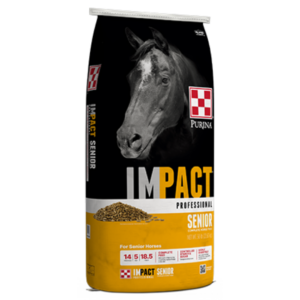 yellow bag of Purina Impact Senior Pelleted Horse Feed