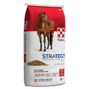 red bag of Purina Strategy Professional Formula GX Horse Feed