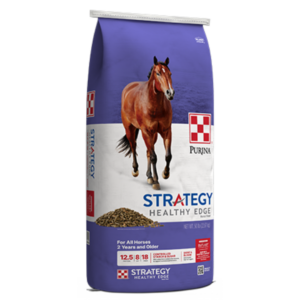 blue bag of Purina Strategy Healthy Edge Horse Feed