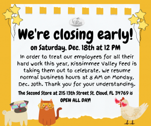 Main Store Closing Early Dec. 18th
