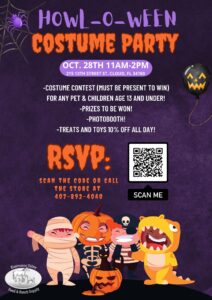 Howl-O-Ween Costume Party Flyer featuring kids dressed up in halloween costumes and event details