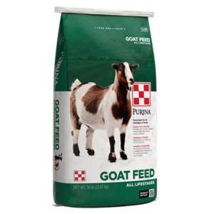 green bag of Purina Goat Chow Plus Up Goat Feed