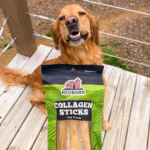 Redbarn Collagen Sticks held out to golden retriever.