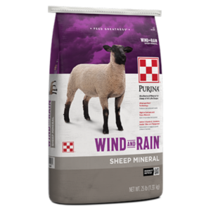 Purina Wind & Rain Sheep Mineral. 25-lb purple feed bag.