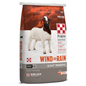 Wind and Rain Goat Mineral. Orange, white, and gray feed bag featuring a goat.