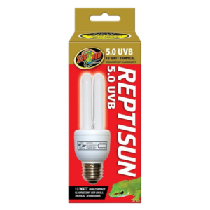 Zoo Med ReptiSun® 5.0 Mini Compact Fluorescent in box with little green lizard on the front.