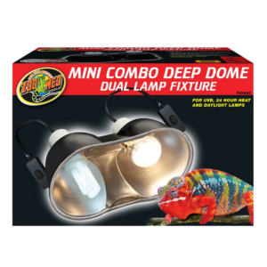 Zoo Med Mini Combo Deep Dome Lamp Fixture box featuring a cool and colorful chameleon on the box