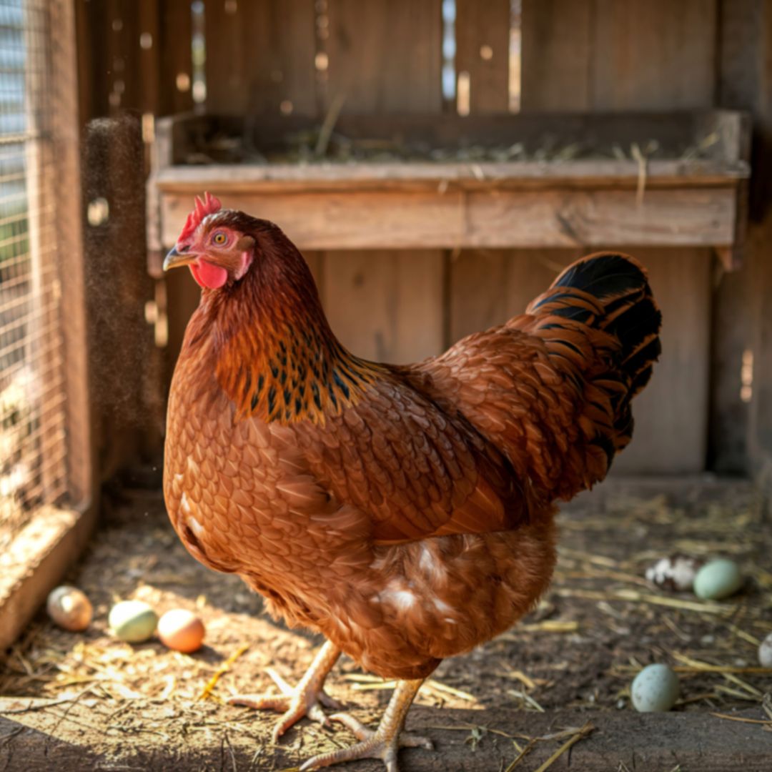 This hen pictures with eggs in the background clearly doesnt struggle with egg production!