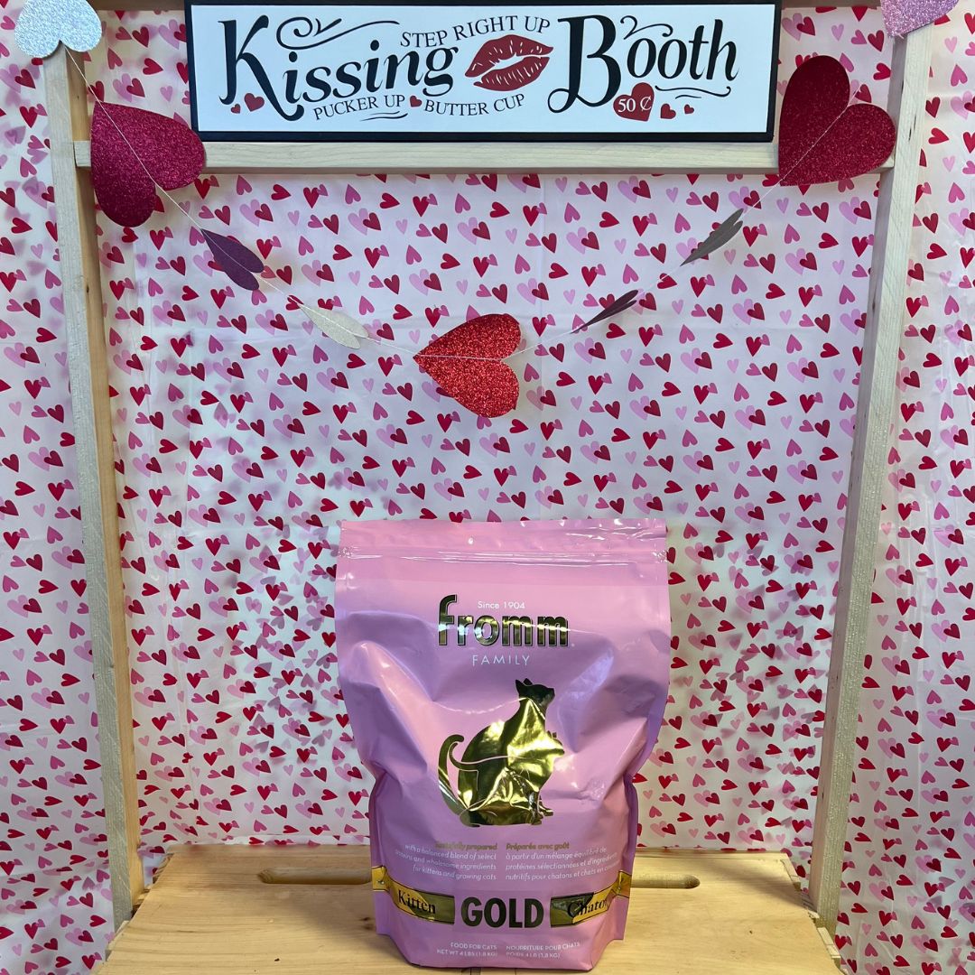 New fromm kitten gold dry cat food against valentine's day themed backdrop that says "kissing booth"