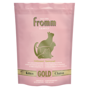 pink bag of fromm kitten gold dry cat food