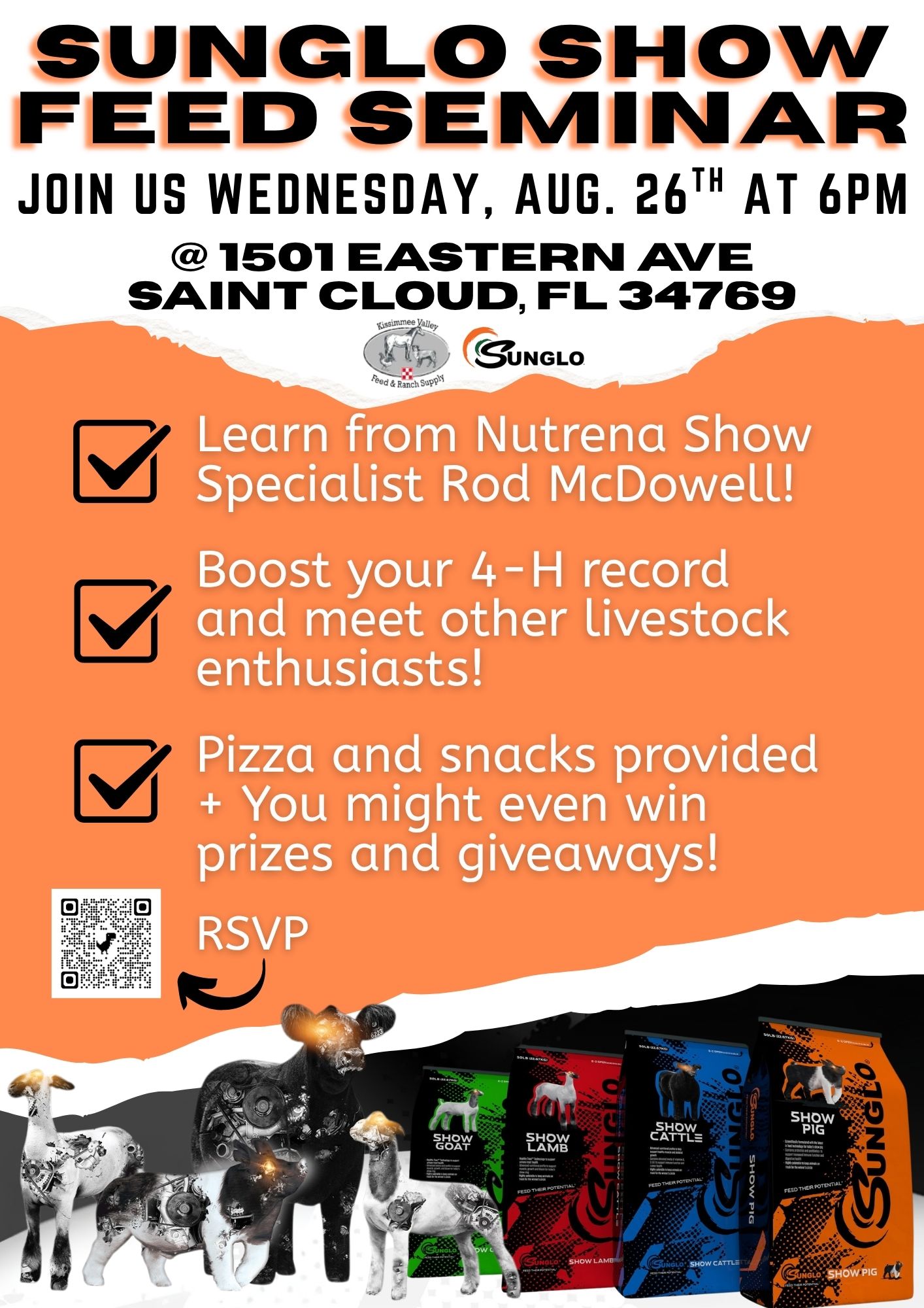 Orange and white flyer with photo of livestock and Sunglo products with text describing the seminar details (listed in the paragraph)